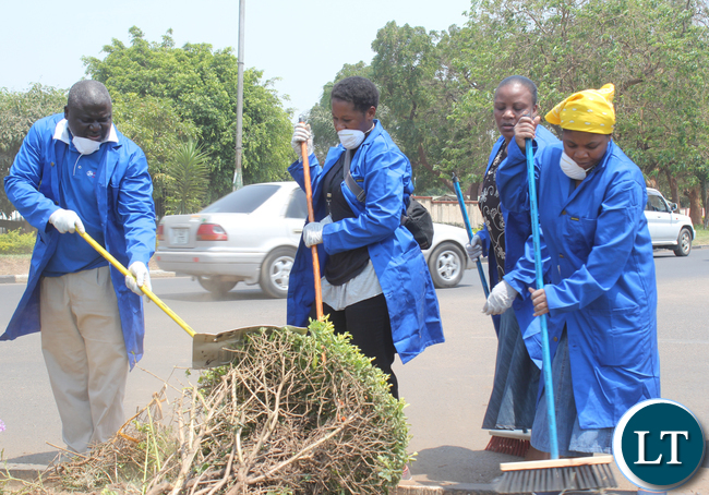 IMG_9569 OFFICE of the Vice President Deputy Minister Chungu Bwalya at the extreme left during the cleaning at Cabinet Office premises; Cabinet Office Members of the Staff converged at Cabinet Offica in order to take part in "Keep Zambia Clean Campaign" on Saturday, 3rd October 2015