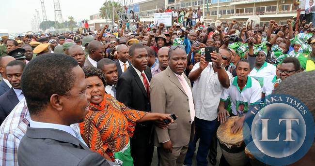 President Edgar Chagwa Lungu being entertained by PF supporters at Kenneth Kaunda International Airport on Friday, 2nd October, 2015, upon arrival from New York, USA where he had gone to attend the 70th United Nations General Assembly. Picture by Eddie Mwanaleza/State House