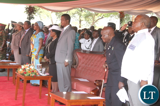 President Lungu with First Lady Esther Lungu greets First Republican President Dr Kenneth Kaunda as former President Rupiah Banda looks on during the Ground breaking ceremony for the New Cathedral and Interdenominational Thanks Giving Church Service at woodlands forest Reverse in Lusaka on Sunday, October 25,2015 -Pictures by THOMAS NSAMA