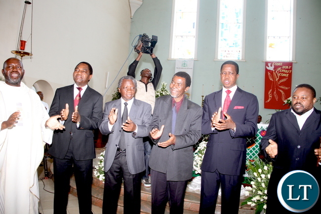 From (L-R) Fr Chilinda, UPND president Hakainde Hichilema, Michael Mulongoti , Edwin Sakala , President Edgar Chagwa Lungu and Eric Chanda