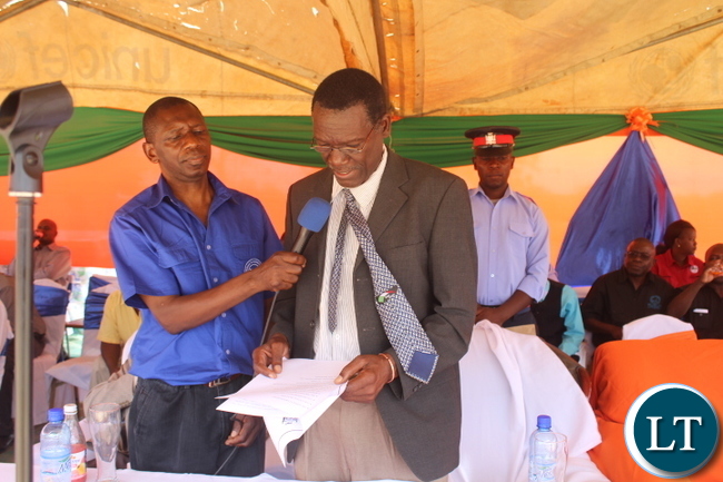 Monze District Commissioner Mr. Cyprian Hamanyanga who delivered the official speech on behalf of Southern Province Minister Mr. Nathaniel Mubukwanu during the World Teachers Day held in Monze under the theme, “Empowering Teachers, Building Sustainable Societies”.