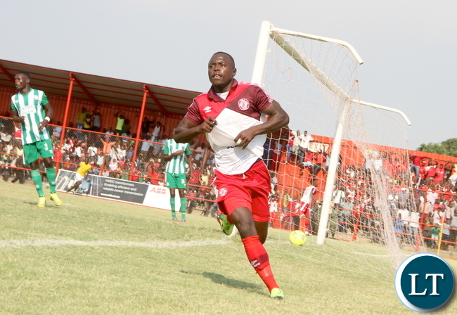 Nkana striker Tshimenga celebrates after scoring against Might Mufulira Wanderers in Kitwe on Sunday, November 1,2015 -Pictures by THOMAS NSAMA Nkana striker Tshimenga celebrates after scoring against Might Mufulira Wanderers in Kitwe on Sunday, November 1,2015 -Pictures by THOMAS NSAMA