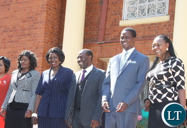 President Lungu congratulates newly appointed Commerce deputy minister Raymond Mpundu during the swearing-in-ceremony at State House on Tuesday, November 10,2015 -Picture by THOMAS NSAMA