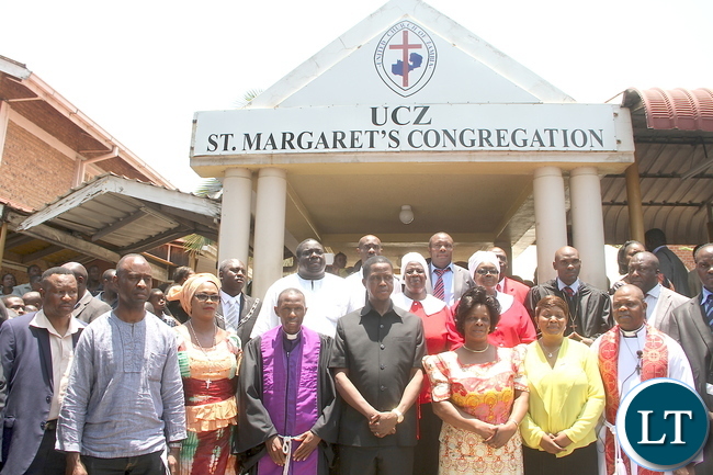 President Lungu with First Lady Esther Lungu, ministers and UCZ Church leaders after the Church service at St Margaret UCZ congregation in Kitwe on Sunday, November 1,2015 -Picture by THOMAS NSAMA