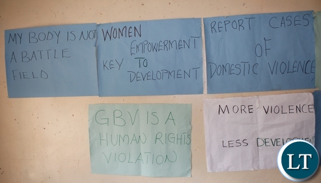 Placards carrying Gender Based Violence messages displayed during the celebrations of 16 days of Activism by women in Mbala