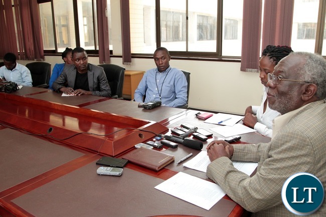 Labour Minister Fackson Shamenda briefing Journalists in his office