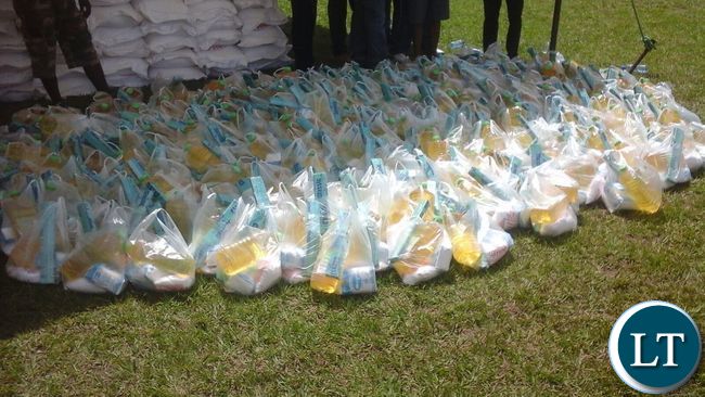 Hampers of Sugar and cooking oil ready for distribution