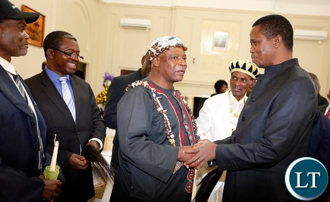 President Edgar Lungu chats with Chief Nkana at State House. 15 Lamba Lima Chiefs held meeting with the Head state,They were lead by Senior Chief Chiwala and Senior Mushili- Picture by Eddie Mwanaleza/State house 24-12-2015.