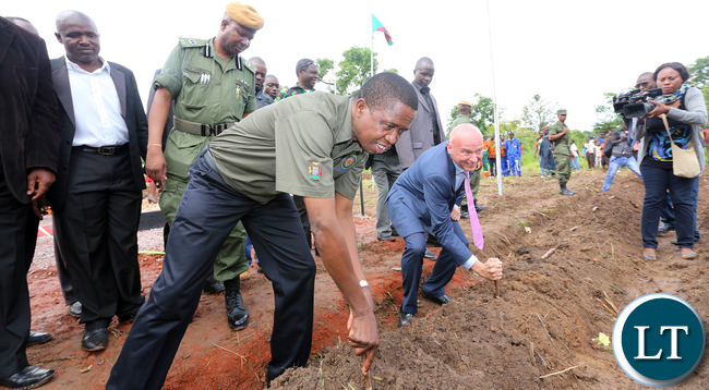 President Edgar Lungu with Mr Richard Bennett CEO SunBird Bioenegry Africa plants Cassava Cutting at Kawambwa Cassava farm and biorefinery plant which will Produce Bioethonol (biofuel)- PICTURE BY EDDIE MWANALEZA/ STATEHOUSE.16-12-2015