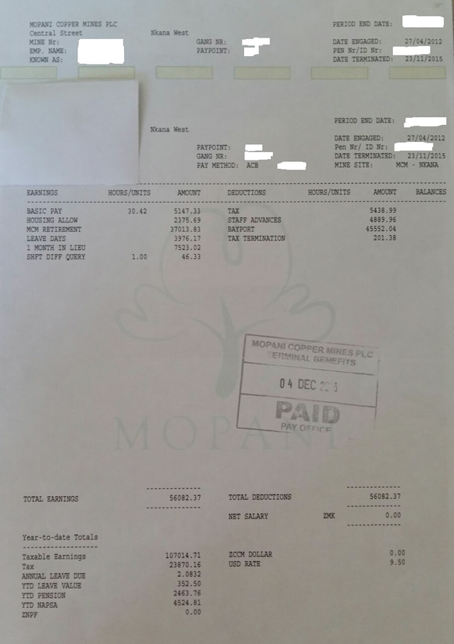 ex- miner's pay slip