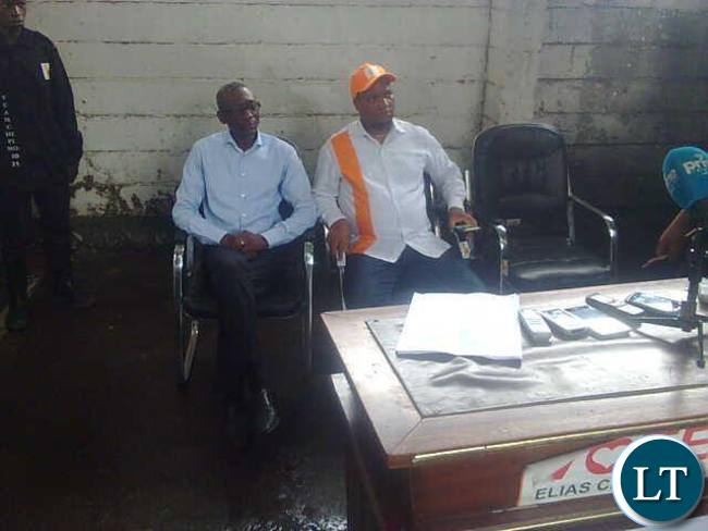 Elias Chipimo and Miles Sampa at the press briefing this morning