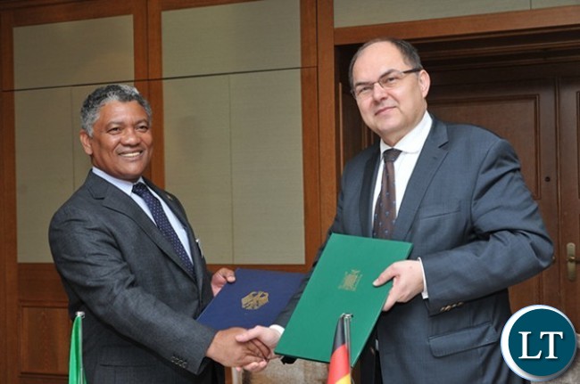 Minister of Agriculture Given Lubinda shake hands with German Federal Minister of Food and Agriculture, Christian Schmidt Minister of Agriculture Given Lubinda shake hands with German Federal Minister of Food and Agriculture, Christian Schmidt