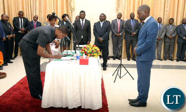 President Edgar Lungu during the Swearing in of Mr Chikula Chinyanta Public Policy Spcialist at Cabinet office at Statehouse Ceremony on Thursady 7th January 2016. Picture by Eddie Mwanaleza/Statehouse.