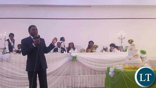 Mr Hichilema speaking at the wedding ceremony