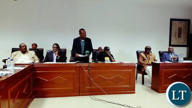 RAINBOW Party leader Wynter Kabimba reads a joint communique at Courtyard Hotel in Lusaka on behalf of other opposition Political Parties among them Rainbow Party,UPND, ADD, Peoples Party, Green Party, UPP and NDP.