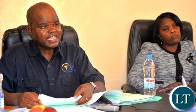 HEALTH Professions Council of Zambia (HPCZ) public relations officer Terry Musonda (middle) with HPCZ senior accreditation officer Ennie Sampa during a media briefing