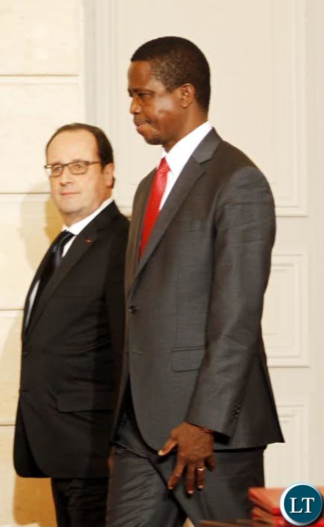 President Edgar Chagwa Lungu (right) with French President Francois Hollande at Elysee Palace in Paris, France on Monday,February 8,2016. PICTURE BY SALIM HENRY/STATE HOUSE ©2016.