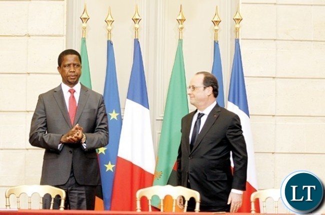 President Edgar Chagwa Lungu (left) with French President Francois Hollande