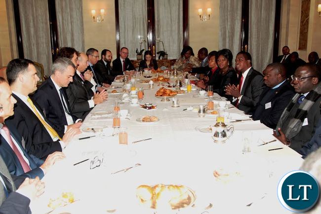 President Lungu during a breakfast meeting with the French Council of Investors in Africa at Le Meurice Hotel in Paris on Feb 8,2016 –Picture by THOMAS NSAMA