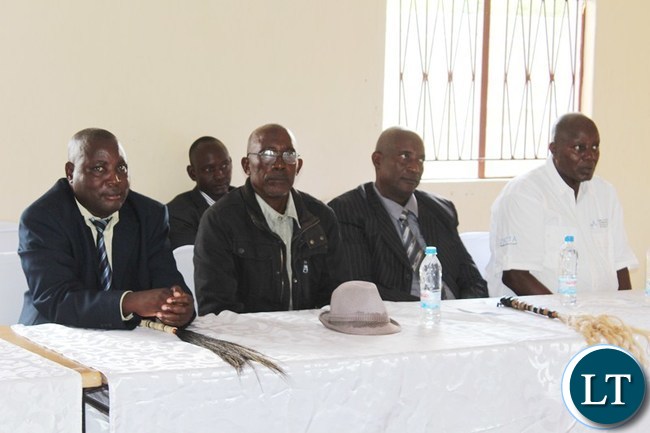 PRESIDENT Edgar Lungu (r) with Senior Chief Nalubamba (4th left), Senior Chief Mungaila (3rd left), Chief Muchila (2nd left) and Chief Mukobela (far left) during the meeting at Corner Point lodges in Namwala district