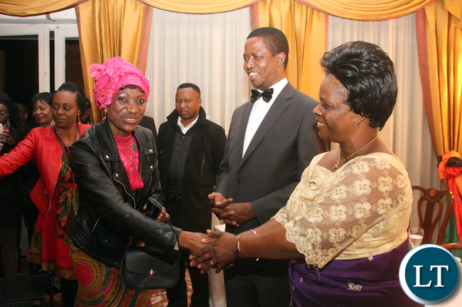 First Lady Esther Lungu greets one of the Zambian’s living in Italy during dinner hosted for the President by Zambia’s Ambassador to Italy Gertrude Mwape in Rome on Friday, February 6,2016 -Picture by THOMAS NSAMA