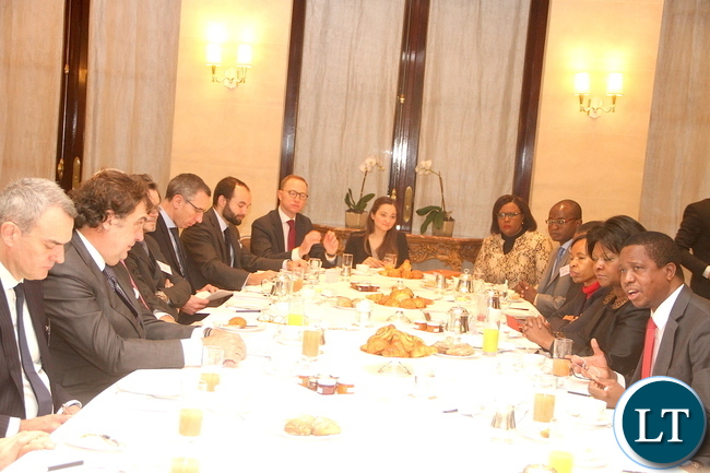 President Lungu during a breakfast meeting with the French Council of Investors in Africa at Le Meurice Hotel in Paris on Feb 8,2016 –Picture by THOMAS NSAMA