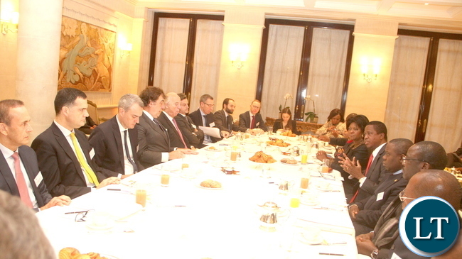 President Lungu during a breakfast meeting with the French Council of Investors in Africa at Le Meurice Hotel in Paris on Feb 8,2016 –Picture by THOMAS NSAMA