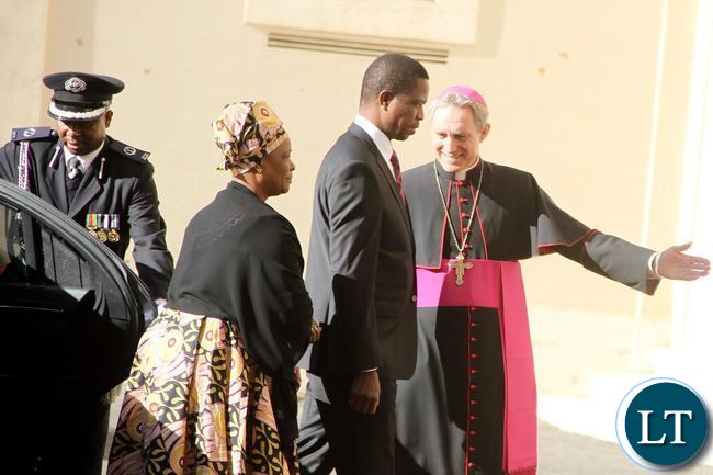 President Lungu and First Lady Esther Lungu being ushered by Bishop Ganswein on arrival Vatican where he met the Pope on Feb 5,2016 -Picture by THOMAS NSAMA