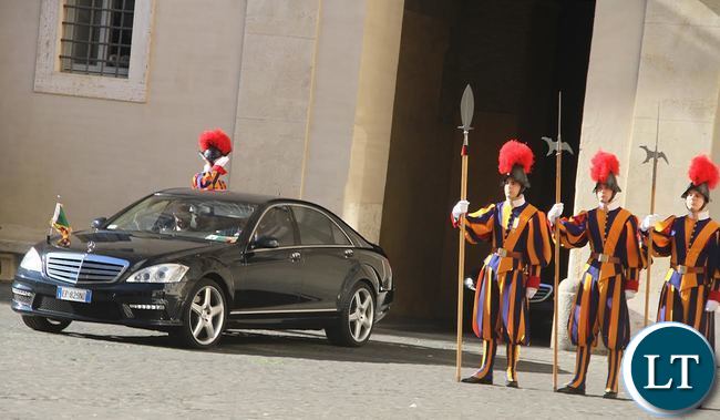President Lungu’s motorcade arrive at Vatican where he met the Pope on Feb 5,2016 -Picture by THOMAS NSAMA