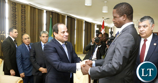 President Edgar Lungu with President of Egypt Abdel Fattah Saeed Hussein Khalil el-Sisi at Bole international airport in Ethiopia after th AU Summit Which Ended on Sunday 31-1-2016PICTURE BY EDDIE MWANALEZA/STATEHOUSE.