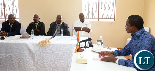 President EgarLungu meets Ila Chiefs at Namwala Corner Point Lodge from Right is Senior Chief Nalubamba, Chief Mungaila, Chief Muchila and Chief Mukobela During the Official talkson Staurday 13-2-2016. Picture by Eddie Mwanaleza/statehouse.