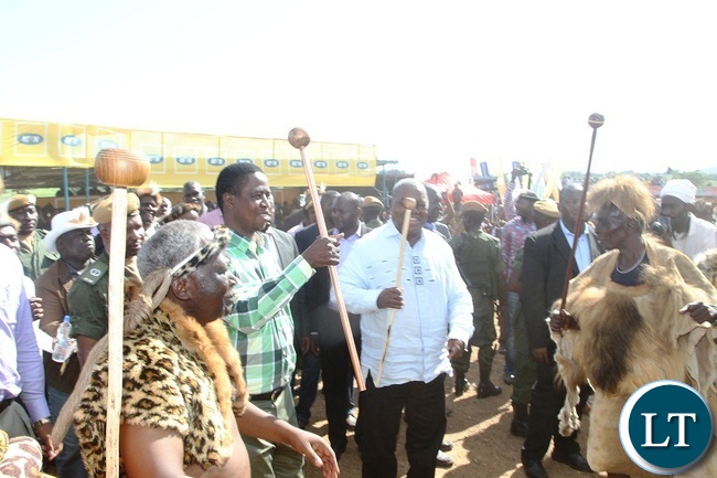 PRESIDENT Edgar Lungu ,former President of Zambia Rupiah Banda and Paramount Chief dancing during 2016 Nc`wala traditional ceremony in Chipata