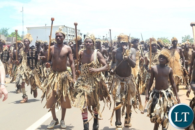 NGONI warriors doing what they know best during 2016 Nc`wala traditional ceremony in Chipata