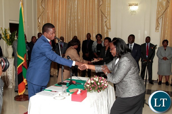 President Edgar Lungu congratulates newly appointed Constitutional Court judge Justice Mwewe Anne Sitali at State House