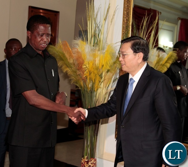President Edgar Lungu welcomes Chairman of the Standing Committee of the National Peoples Congress of China Mr Zhang Dejiang at State House yesterday. !9-03-2016. Picture by ROYD SIBAJENE/ZANIS President Edgar Lungu welcomes Chairman of the Standing Committee of the National Peoples Congress of China Mr Zhang Dejiang at State House yesterday. !9-03-2016. Picture by ROYD SIBAJENE/ZANIS