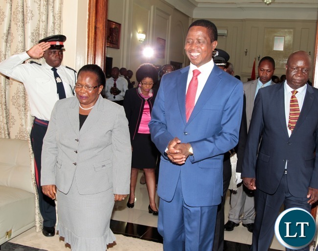 President Edgar Lungu and Chief Justice Ireen Mambilima shortly after swearing in Ceremony of Constitutional Court Judges at State House