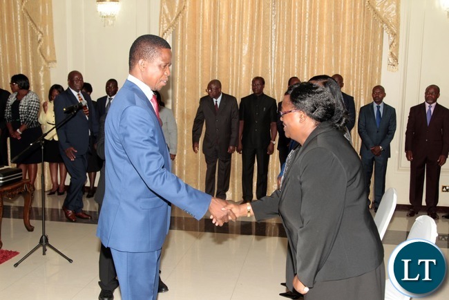 President Edgar Lungu congratulates newly appointed Constitutional Court President Hildah Chibomba shortly after swearing in Ceremony of Constitutional Court Judges at State House