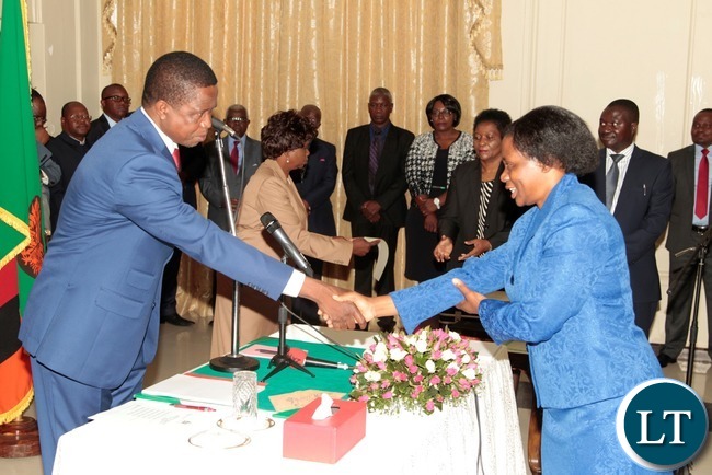 President Edgar Lungu congratulates newly appointed Constitutional Court judge Justice Mulenga Mugeni at State House