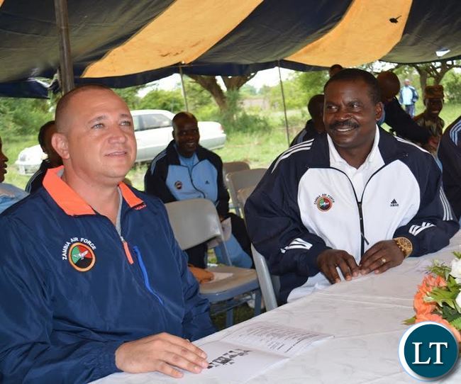 ZAF Livingstone Station Commander Collins Barry (left) and ZAF Air Officer Commanding Mathias Kyembe (right) during the Airforce Day celebrations at David Livingstone College of Education (DALICE)
