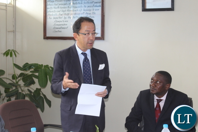 Japanese Ambassador to Zambia Mr. Kiyoshi Koinuma (left) stresses a point when he delivered his speech during the official handover ceremony of a digital X-Ray the product of Fuji Film South Africa worth US$90,909 by the Japanese Embassy to Monze Mission Hospital Japanese Ambassador to Zambia Mr. Kiyoshi Koinuma (left) stresses a point when he delivered his speech during the official handover ceremony of a digital X-Ray the product of Fuji Film South Africa worth US$90,909 by the Japanese Embassy to Monze Mission Hospital