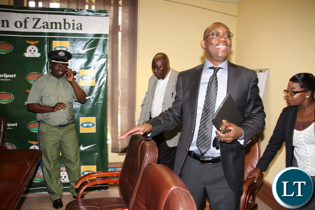 FAZ President Andrew kamanga at a media briefing at Football House
