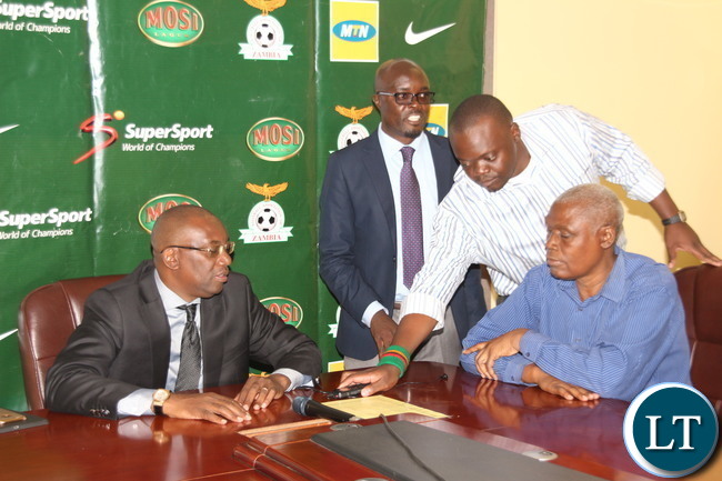 FAZ President Andrew kamanga at a media briefing at Football House