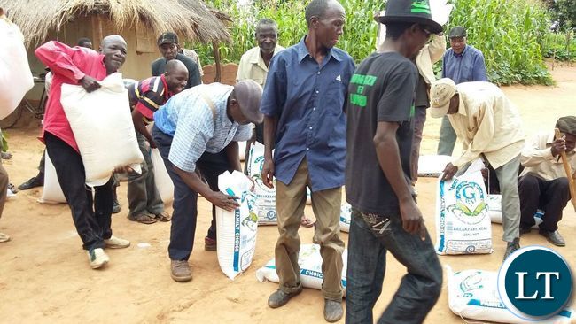 Some people of Lundazi sharing 165 bags of mealie meal distributed by Lundazi businessman Evans Kazonga Ngoma over the weekend.