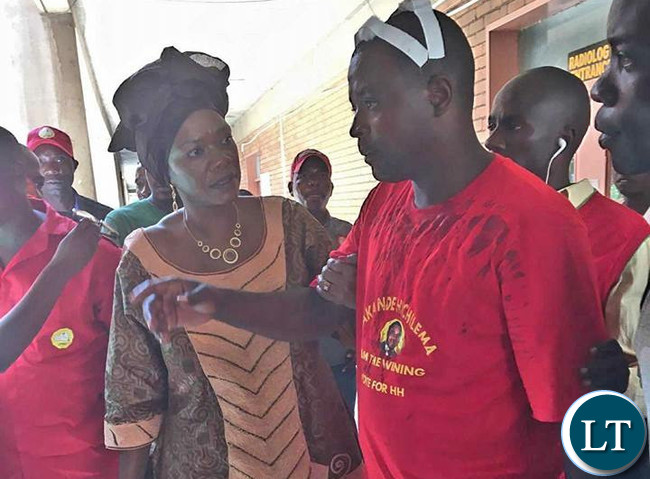 CHONGWE MP Syvia Masebo reacts to a UPND cadre who was narrating his experience after being attacked by PF cadres at the Youth Day celebrations in Lusaka. CHONGWE MP Syvia Masebo reacts to a UPND cadre who was narrating his experience after being attacked by PF cadres at the Youth Day celebrations in Lusaka.