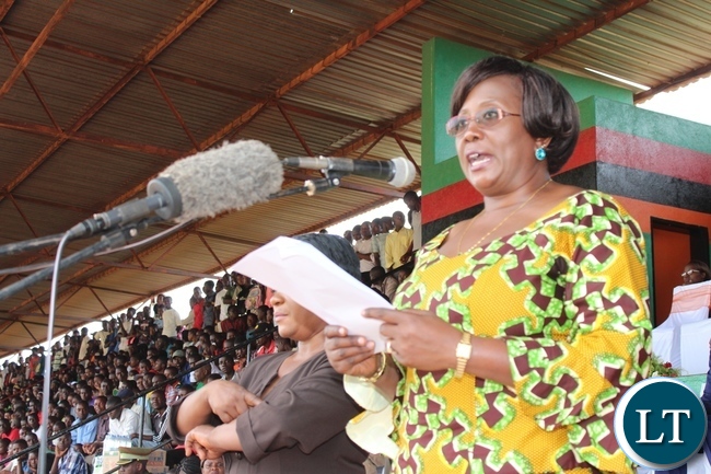 COMMUNITY Development and Social Welfare Minister, Emerine Kabanshi, speaking when she officiated at this year’s Youth Day commemorations held at David Kaunda stadium in Chipata on Saturday. PICTURE BY STEPHEN MUKOBEKO/ZANIS