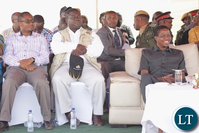 President Edgar Lungu (r), Works and Supply Minister Yamfwa Mukanga (c) and Defense Minister Richwell Siamunene (l) following proceedings during the official commissioning of the Sioma Bridge built at a cost of K108.2million in Sioma District of Western Province,