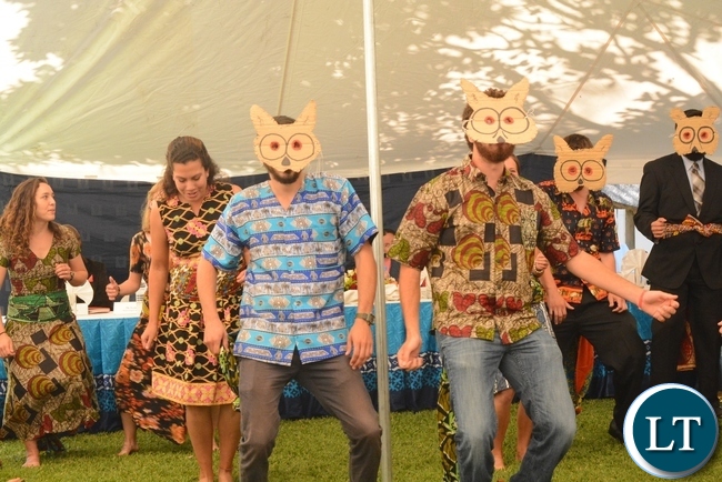 Peace Corps Volunteers presenting a song in kaonde during the swearing in ceremony for rural aquaculture promotion and linking income,food and environment project volunteers