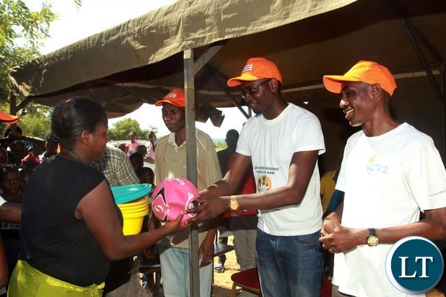 CSO-SUN officials handing over promotional items during the awareness raising event in Siavonga