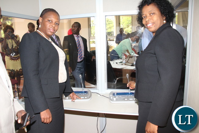 National Assembly of Affairs Mrs Cecilia Mbewe and the Ministry of Finance Budget and Economic Affairs Permanent Secretary Mrs Pamela Kabemba receiving the “Communication Kit” that was used during the Inter parliament Union Assembly in Lusaka; the kit was handed over to the National assembly of Zambia