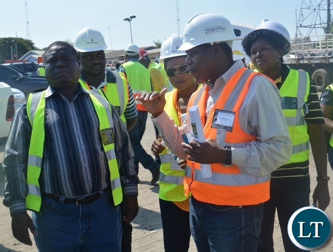 Works and Supply Minister Yamfwa Mukanga (far left), Road Development Agency (RDA) director in charge of communications and corporate affairs Royce Saili (far left), Kazungula Bridge Project Team Leader Kabamelo Kgoboko (next to Ms Saili) and Kazungula District Coommissioner Pascalina Musokotwane (next to Mr Kgoboko). This was on Sunday this week when Mr Mukanga and his delegation inspected the construction of the Bridge at Kazungula Border